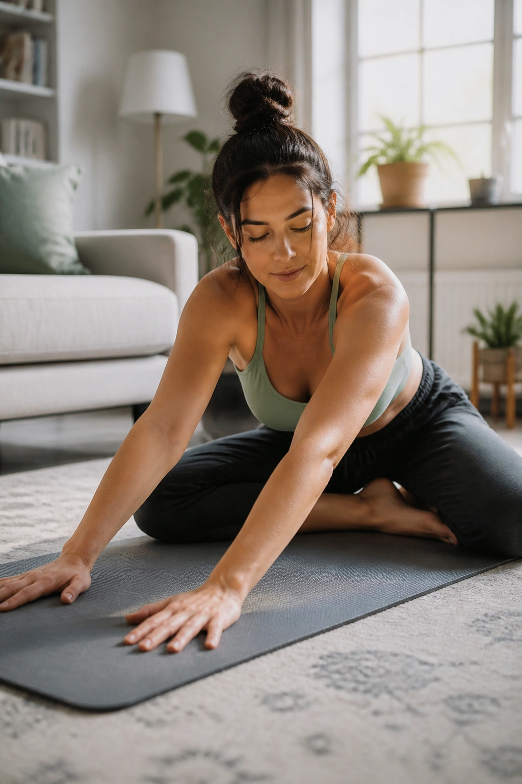 Medium close-up of a person doing gentle mobility stretch on a yoga mat at home