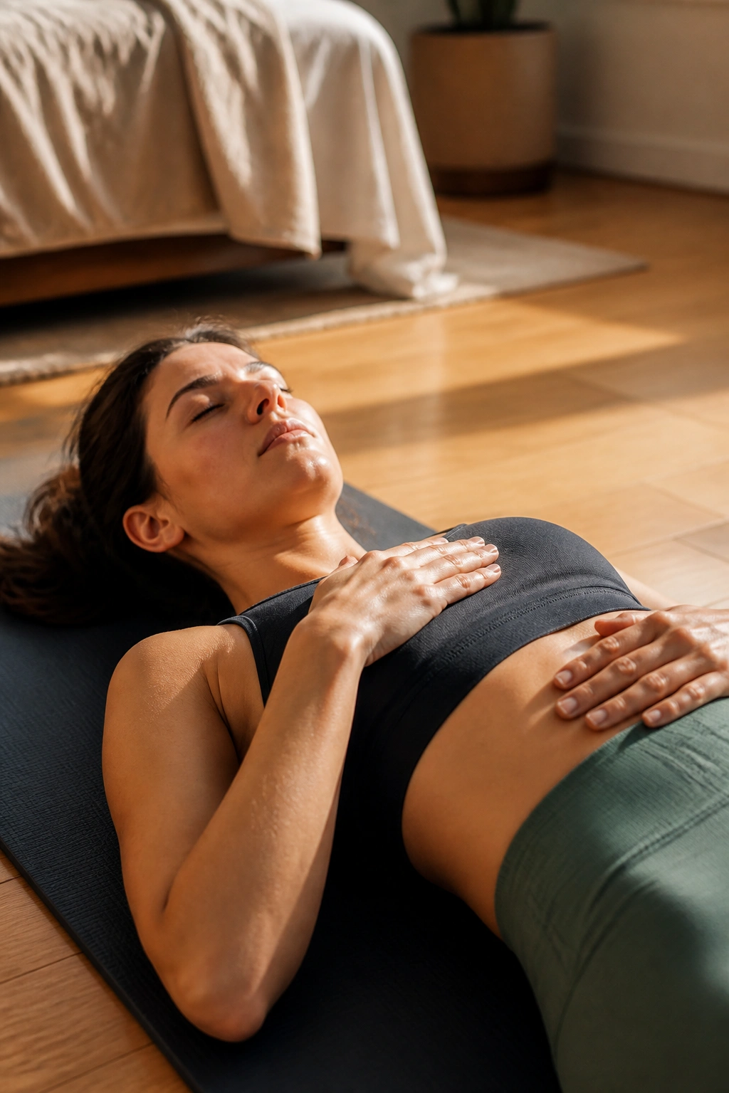 Person lying on yoga mat practicing slow breathing in a sunlit bedroom