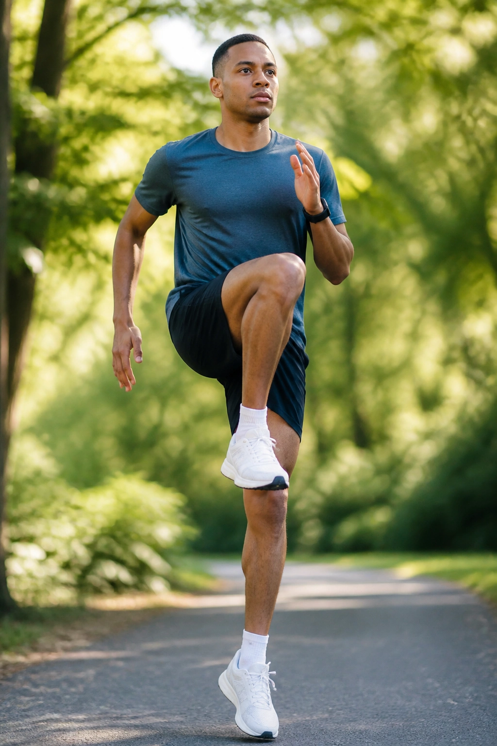 Runner performing high-knee drill on park path during recovery run