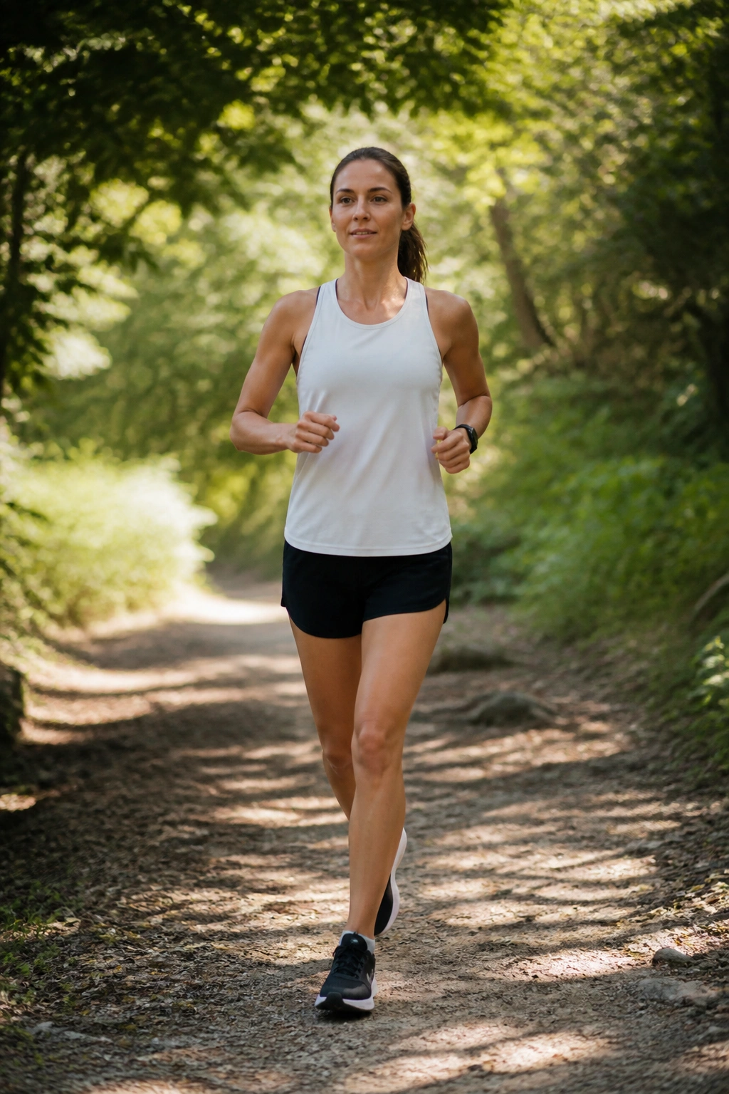 Runner on soft dirt trail at easy pace for recovery run.