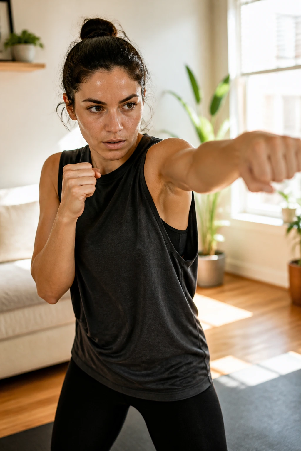Close-up of a person shadowboxing softly in a sunlit living room