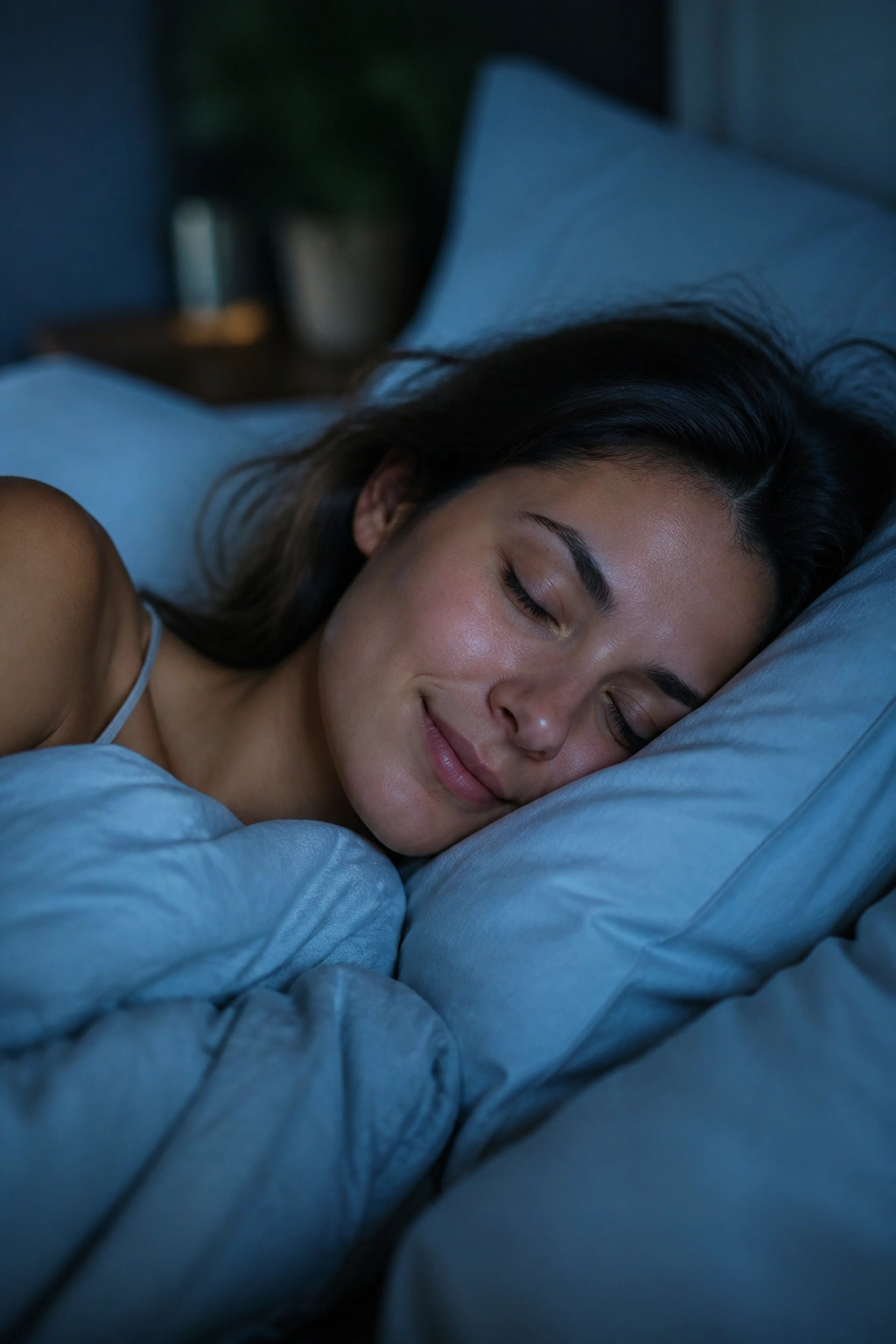 Person resting in bed under soft lighting, calm and relaxed