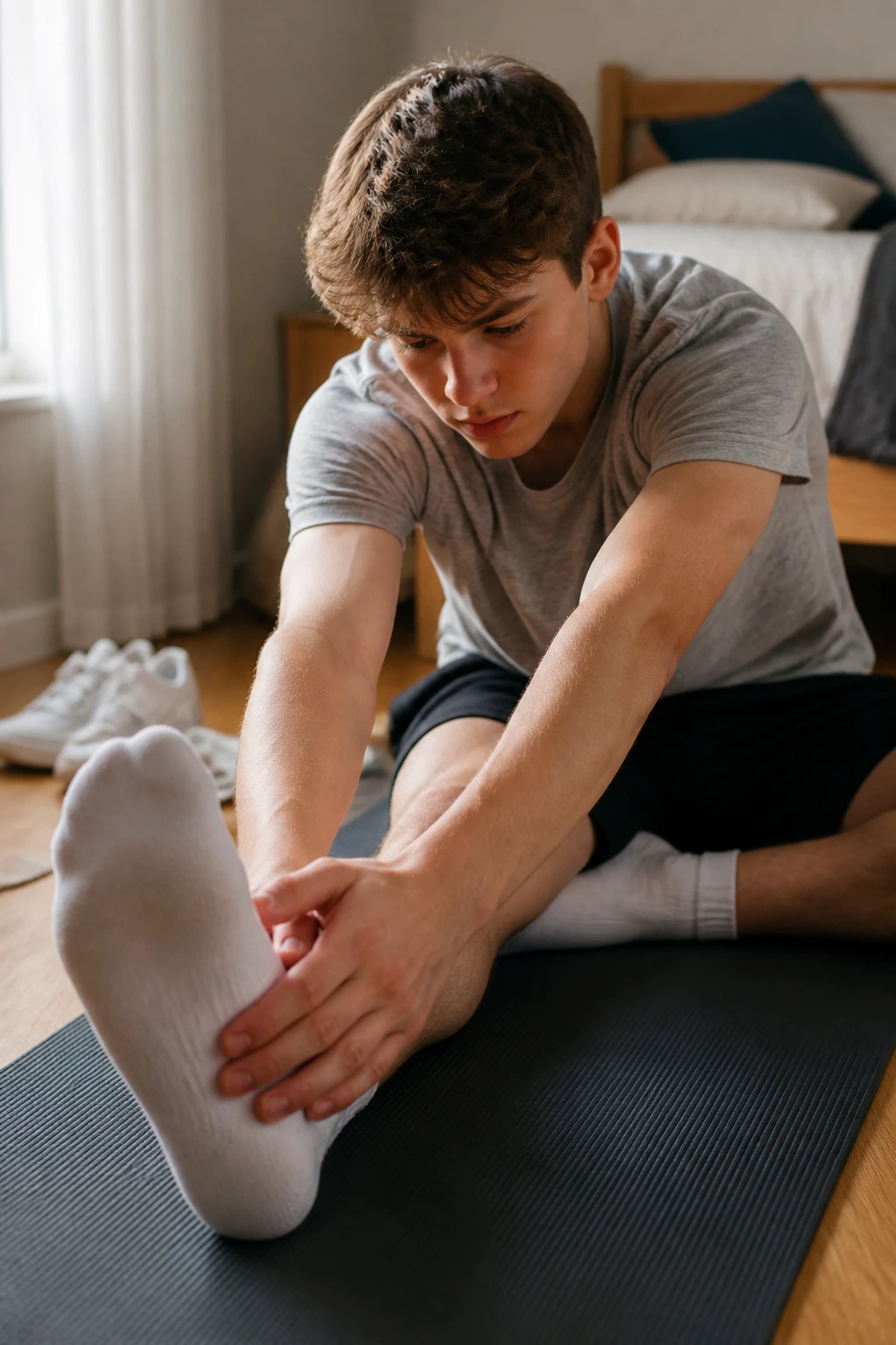 Teen performing hamstring and hip flexor stretches on a yoga mat in a bedroom with natural light