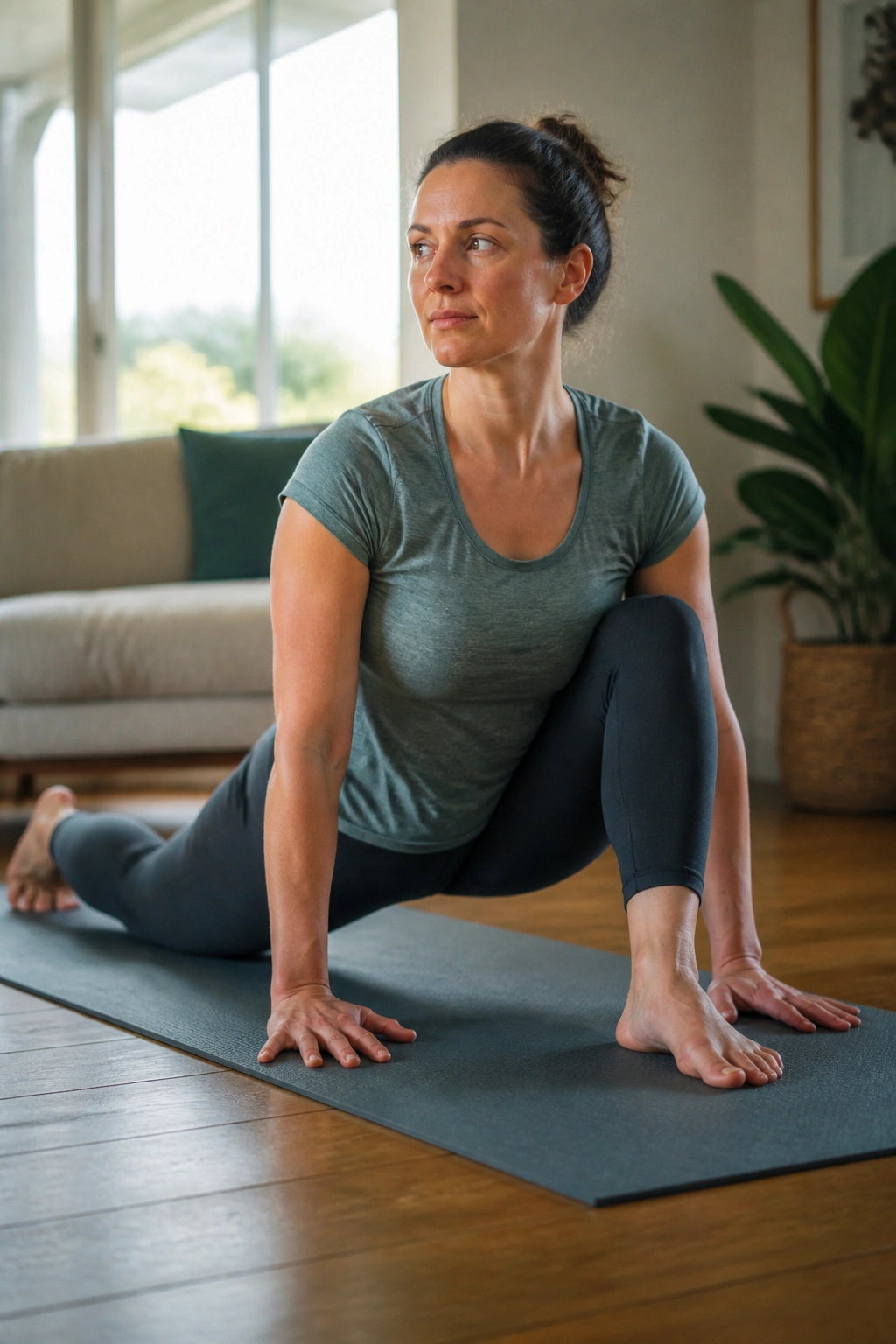 Real person performing gentle recovery stretches on a yoga mat in a sunlit living room