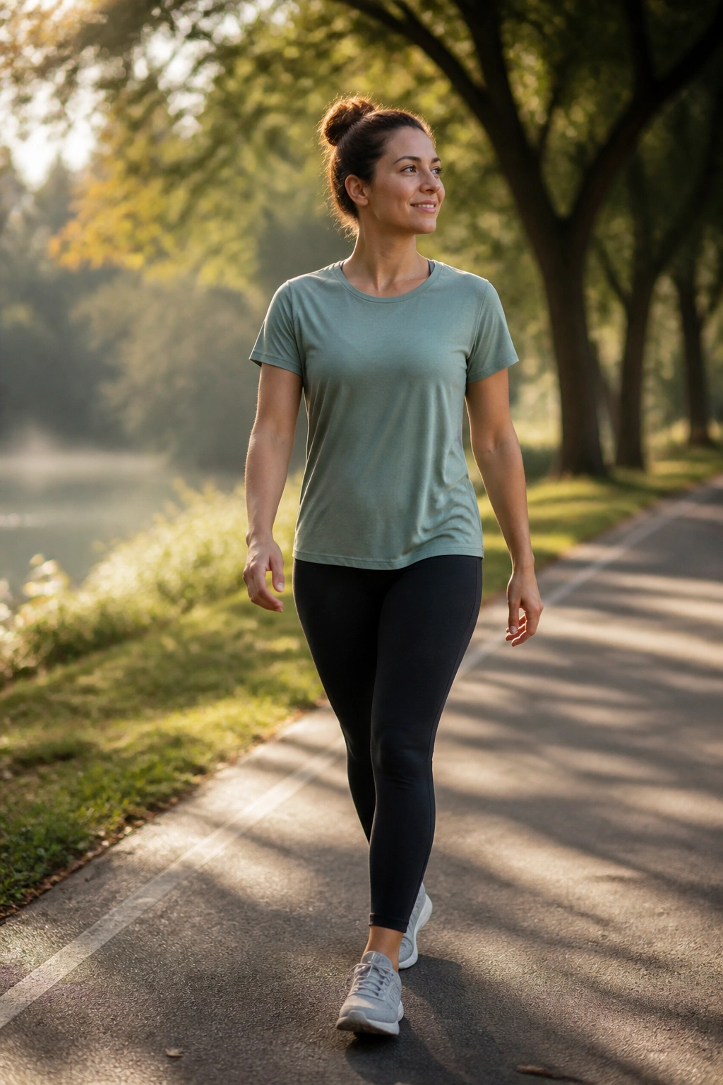 3/4 view of a person walking on a park path during a recovery day