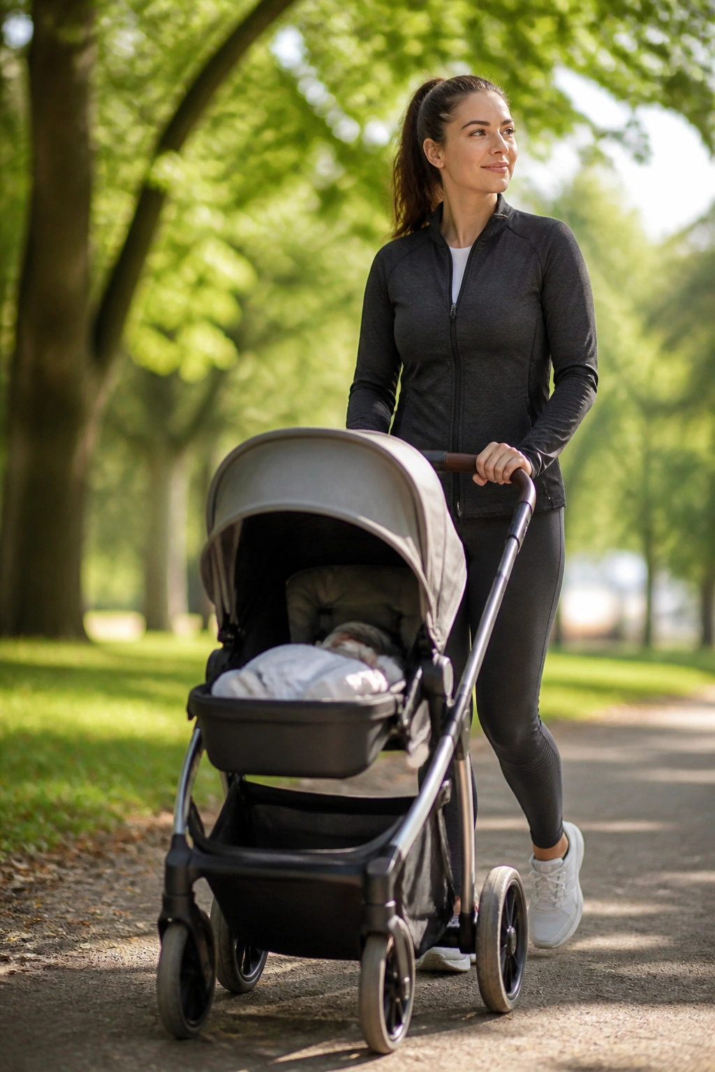 Calm recovery walk with stroller on a park trail