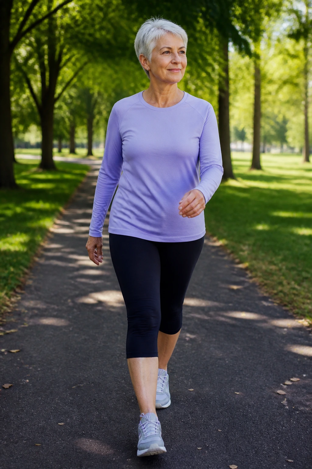 Older woman walking at easy pace on a park path for recovery.