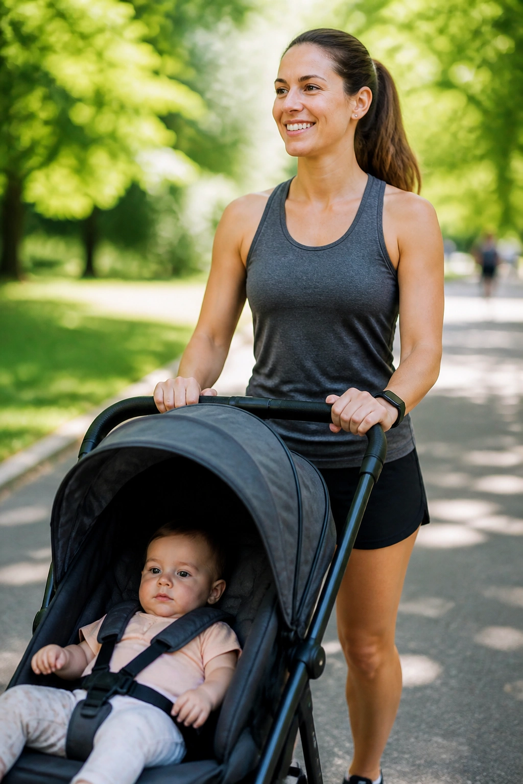Medium close-up of a person pushing a stroller during a recovery walk in a sunlit park