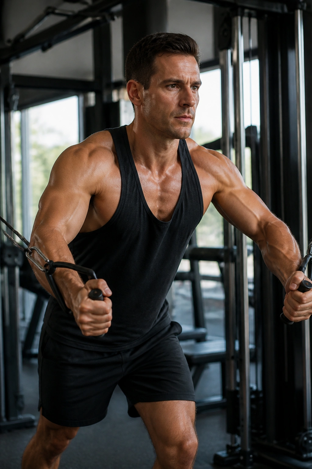 Close-up of a person performing a light cable fly in a gym during a recovery workout