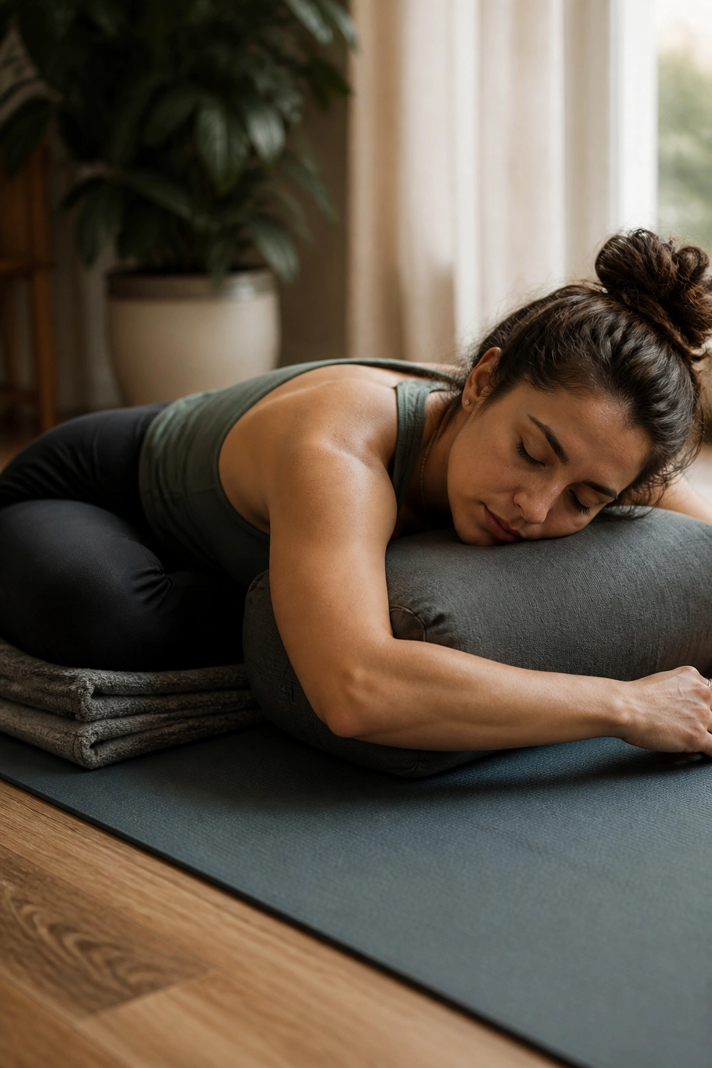 Medium close-up of a person in a hip-opening recovery yoga pose on a mat, warm natural light