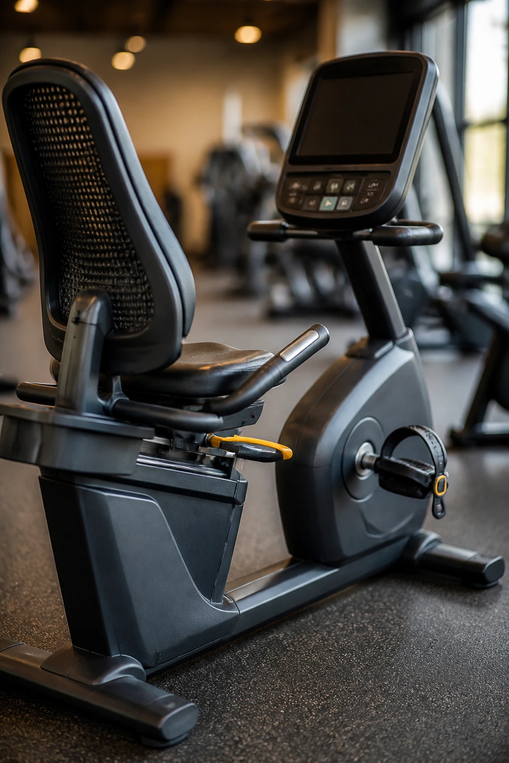 Close-up of recumbent bike dominating the gym frame with backrest and pedals visible