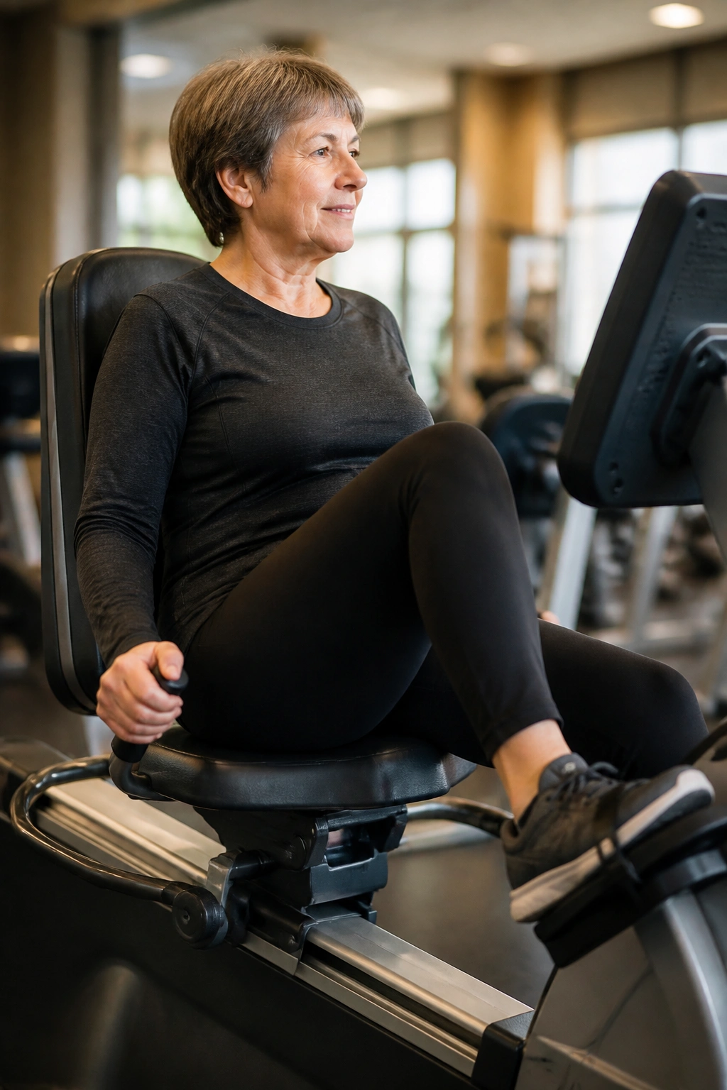 Person seated on recumbent bike pedaling in a gym