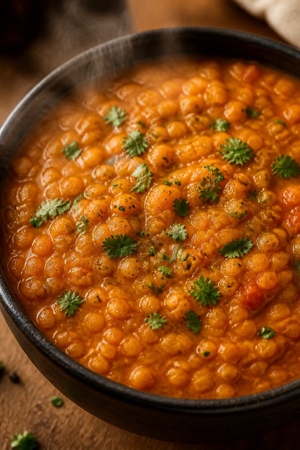 Close-up of red lentil dal in a bowl with steam