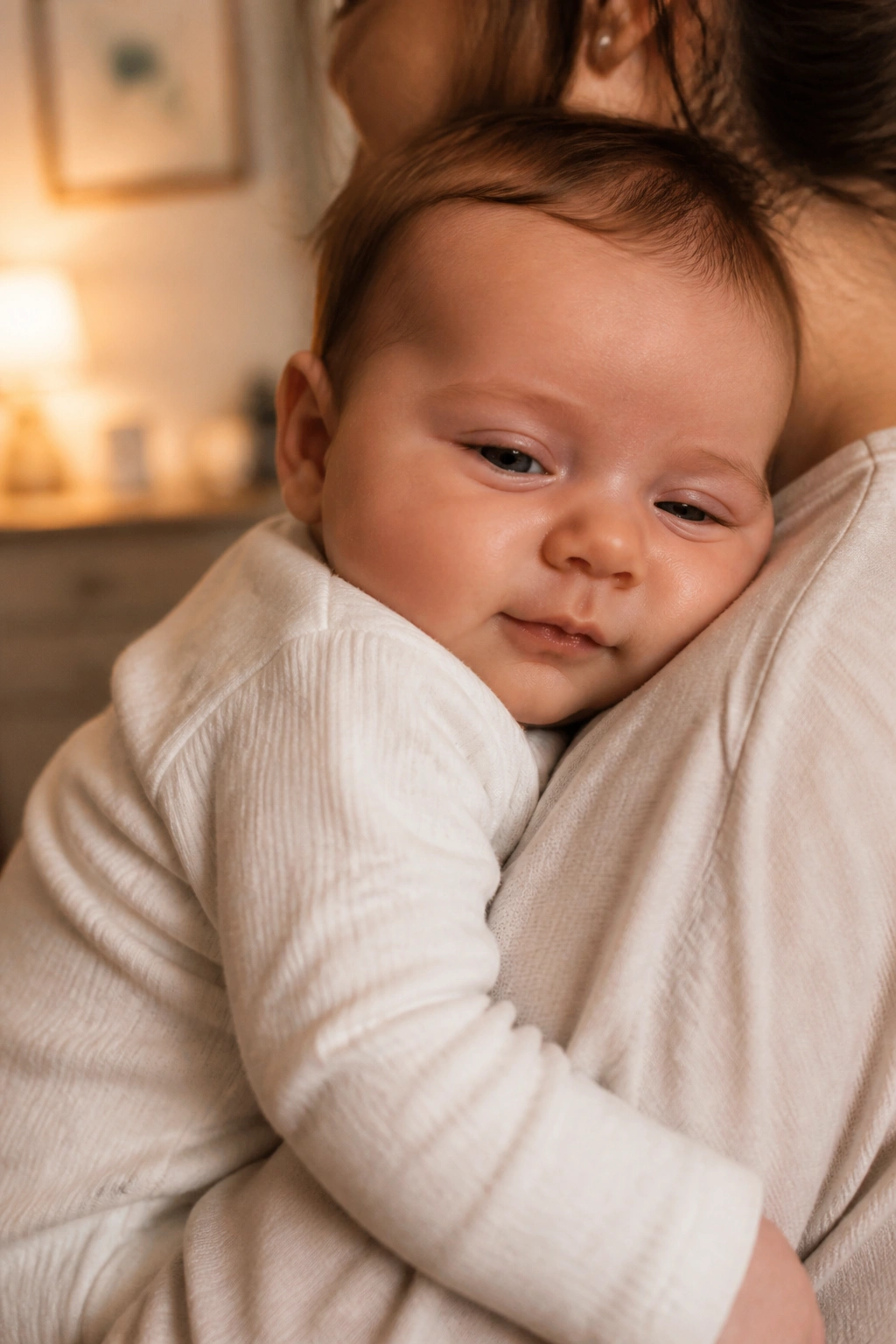 Baby held upright in caregiver's arms in a warm nursery