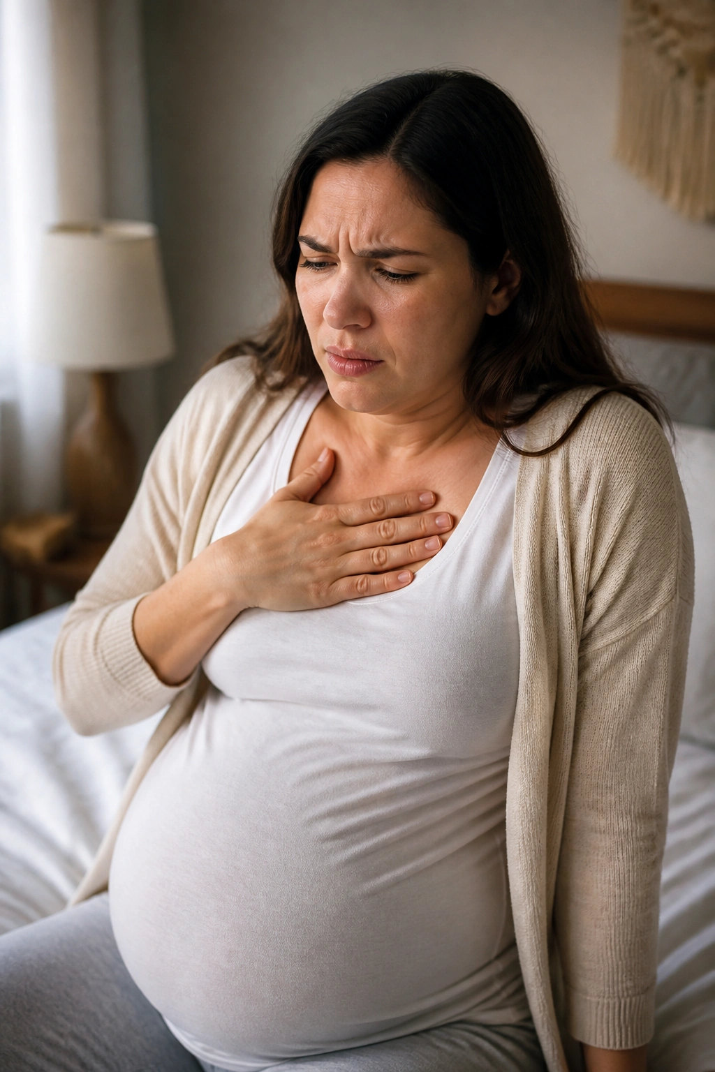 Close-up of pregnant woman showing heartburn discomfort in a cozy bedroom