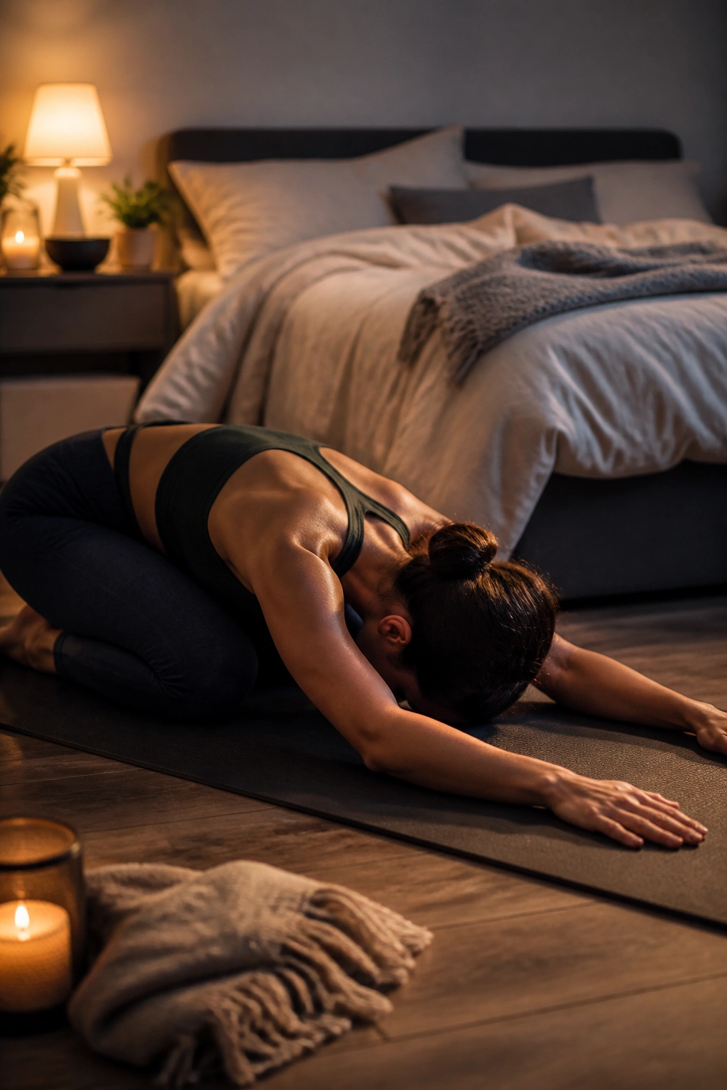 Person in Child's Pose on a mat in a dimly lit bedroom for wind-down