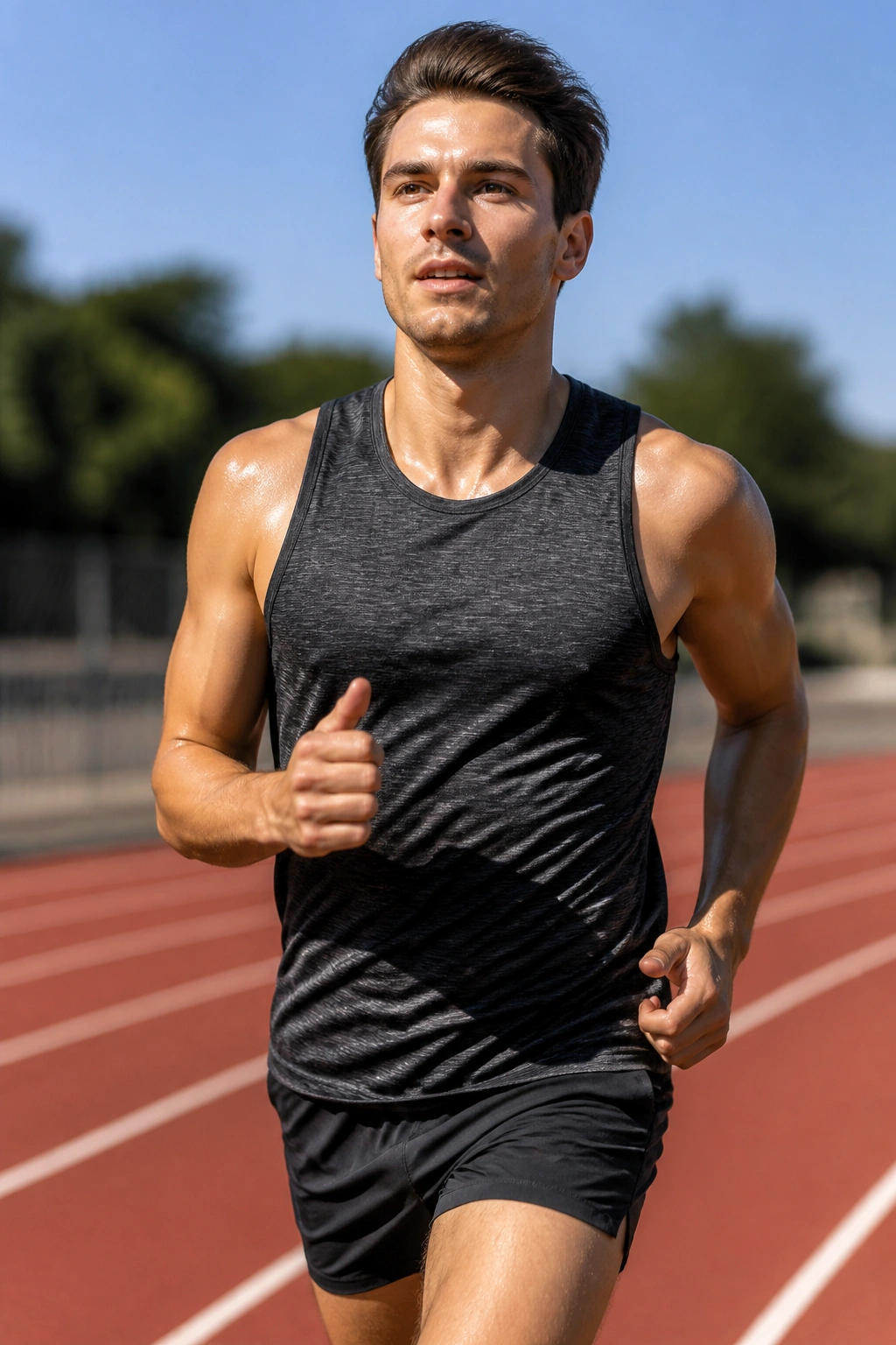 Medium close-up of runner performing relaxed strides on a track.