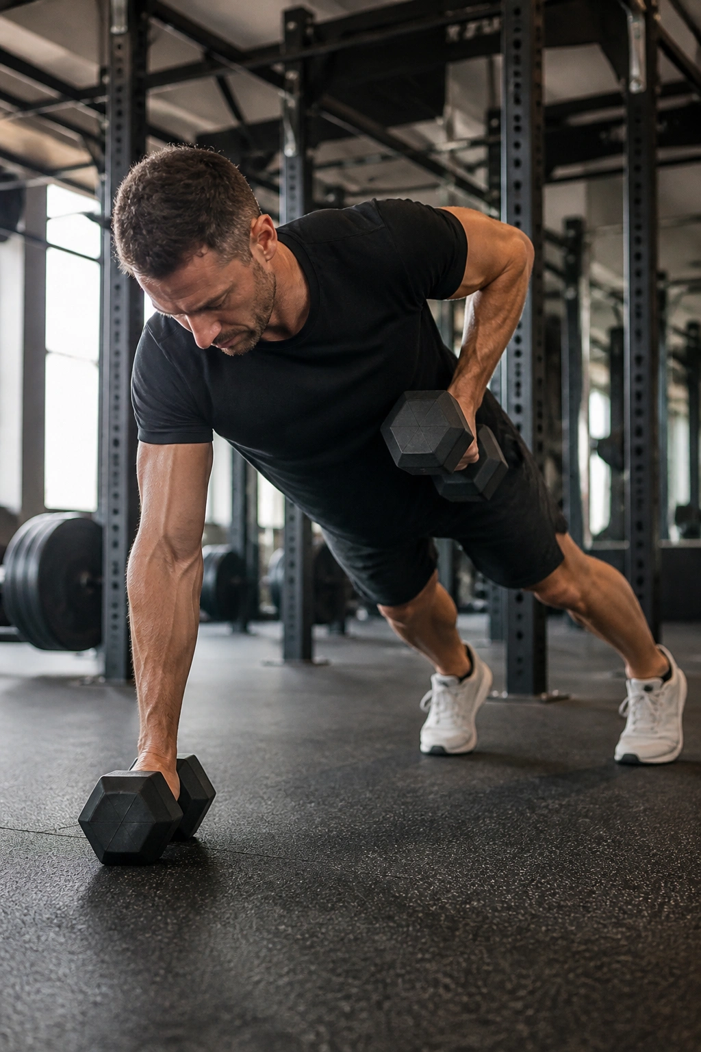 Renegade rows with dumbbells in push-up position in gym