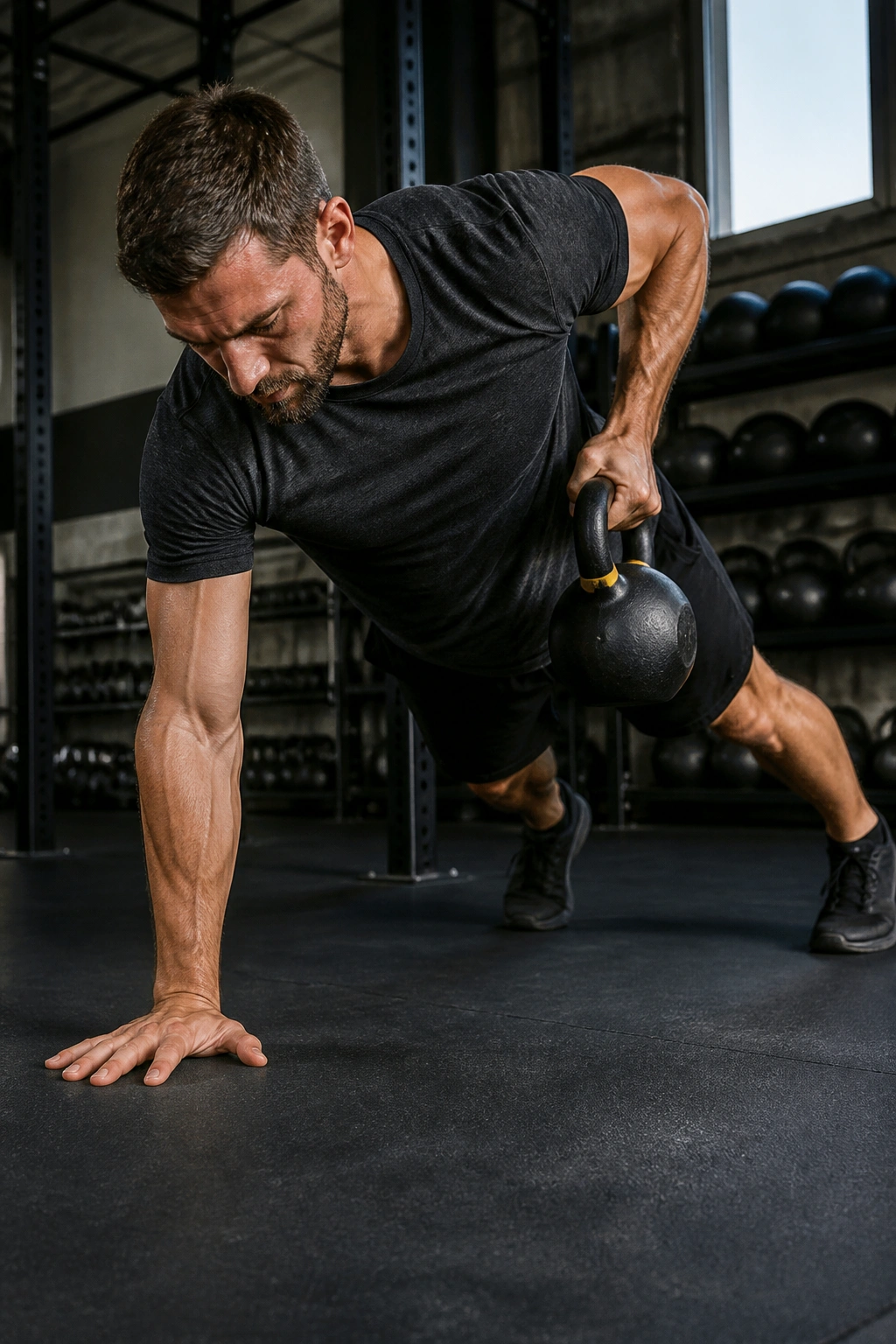 High-plank renegade row with kettlebell, core engaged in gym setting.