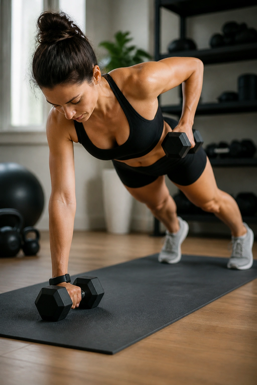 Portrait of a person doing renegade row in a home gym