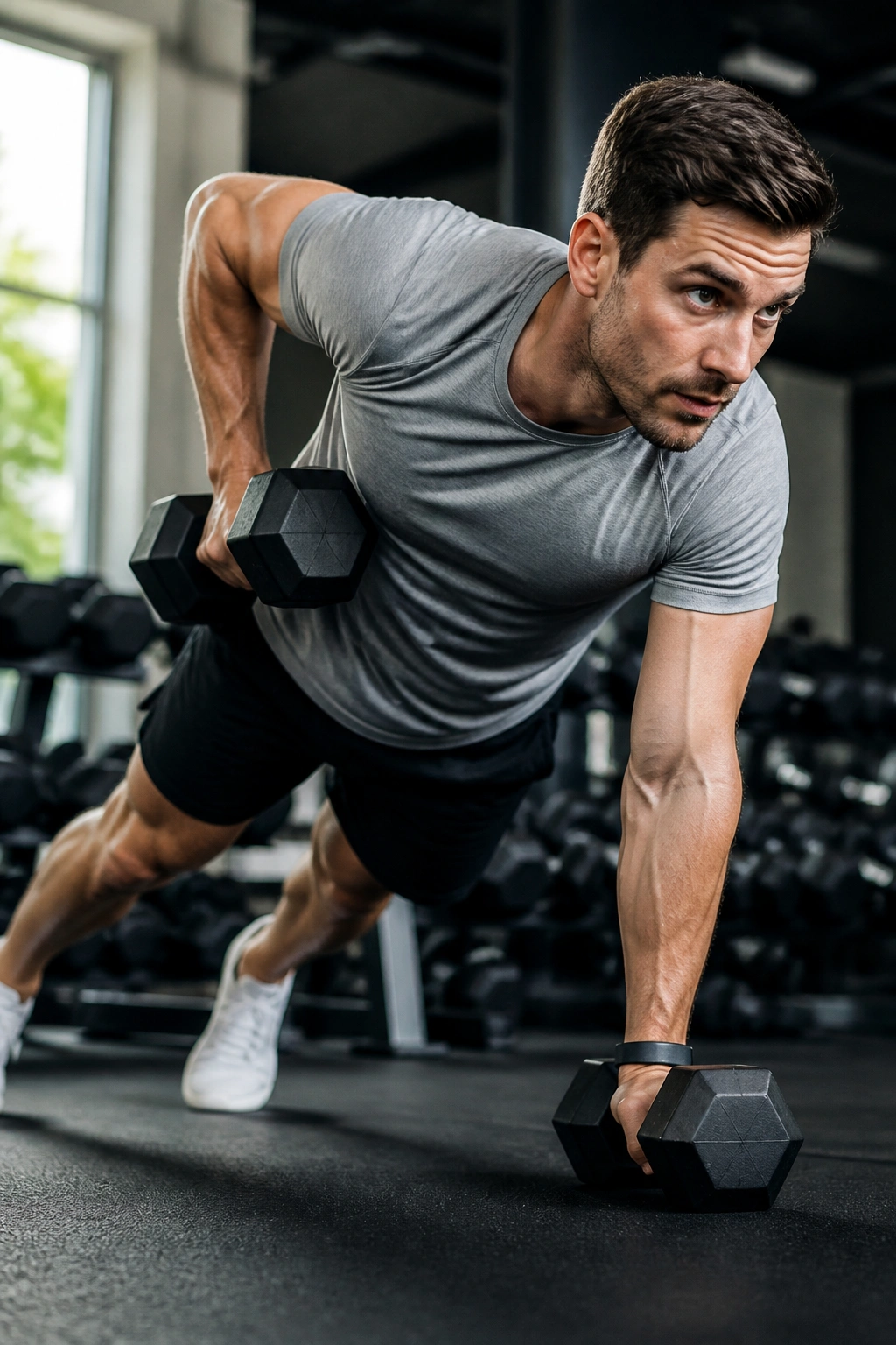 Close-up of a real person in a plank performing a renegade row with a dumbbell and engaged core.