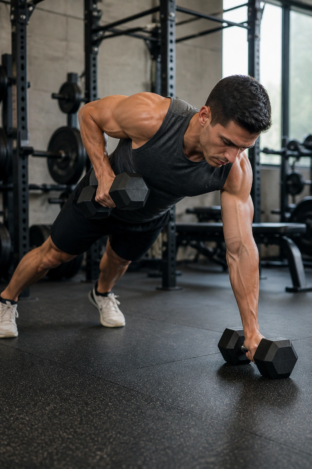 Person performing renegade row in a stable high-plank position