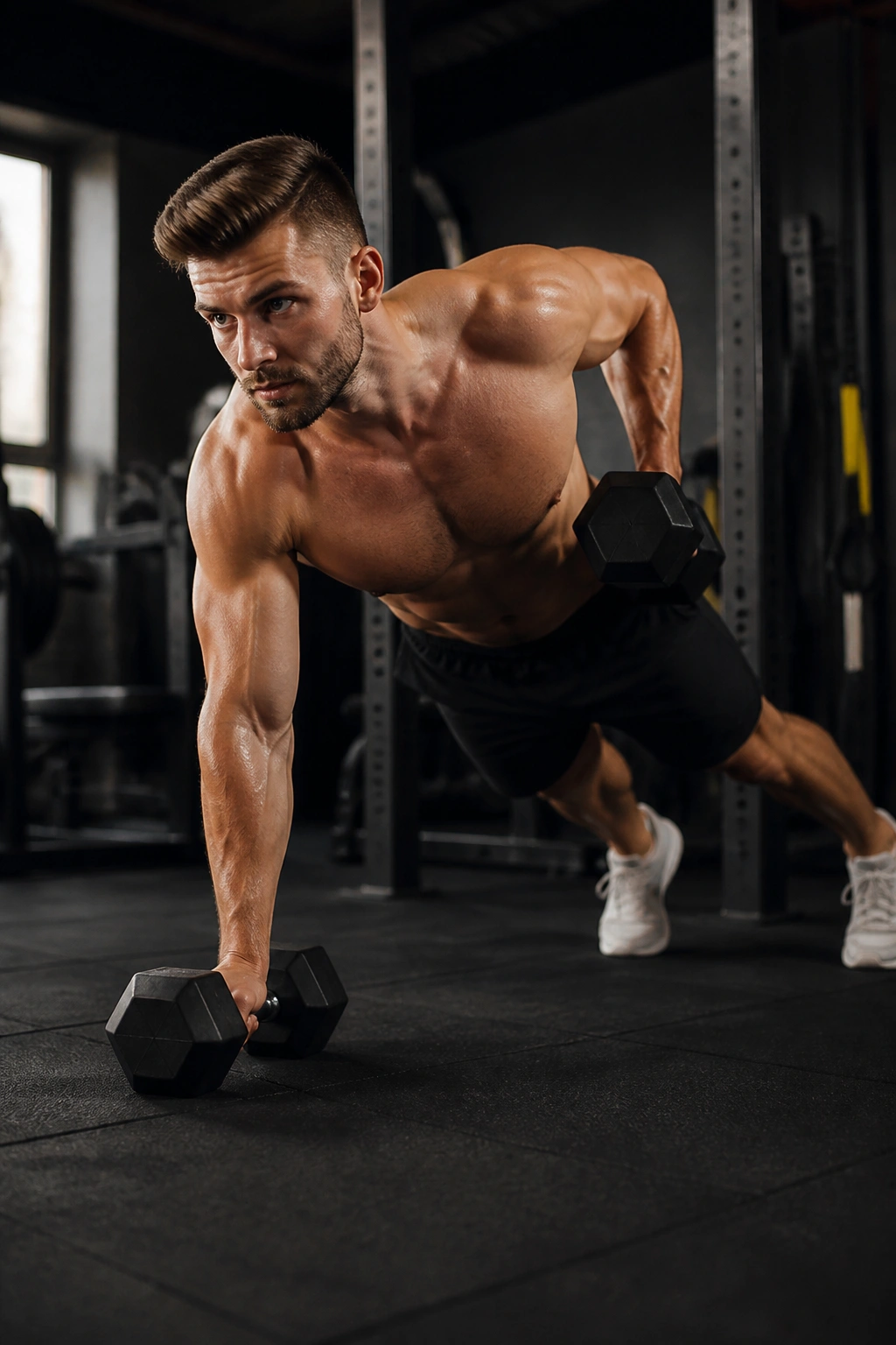 Person in high plank performing renegade rows with dumbbells.