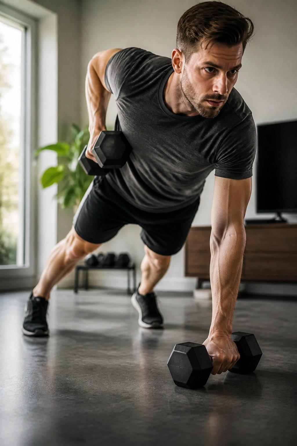 Close-up of a person in a high plank performing a renegade row with a dumbbell, core engaged.