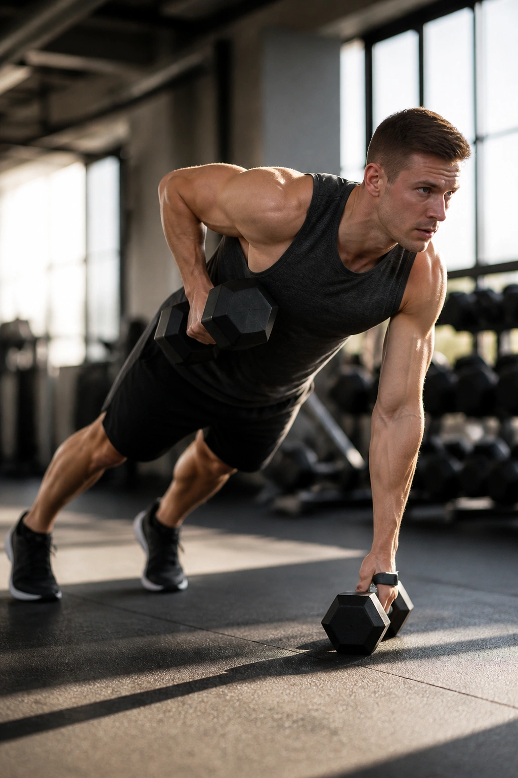 Person performing renegade row in a gym with dumbbells