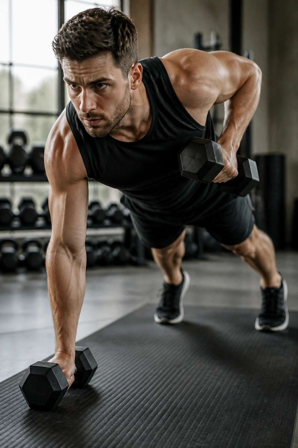 Close-up of athlete performing a renegade row during a push-pull interval workout in a gym.