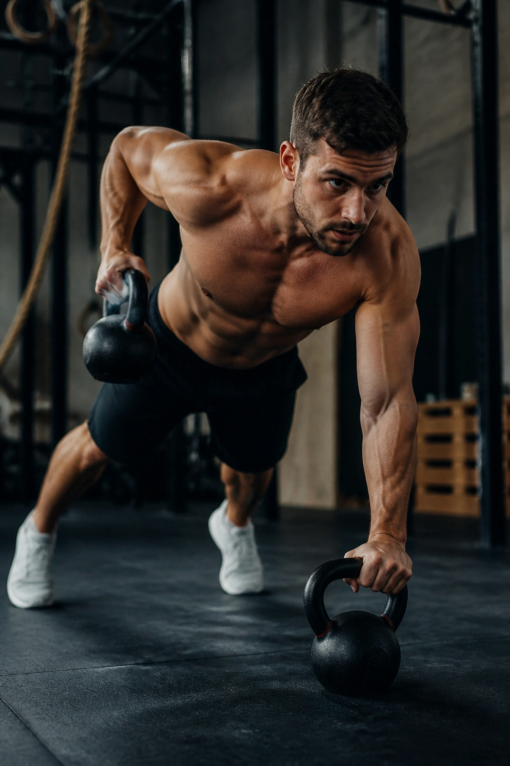 Athlete in plank with two kettlebells performing renegade rows in a gym