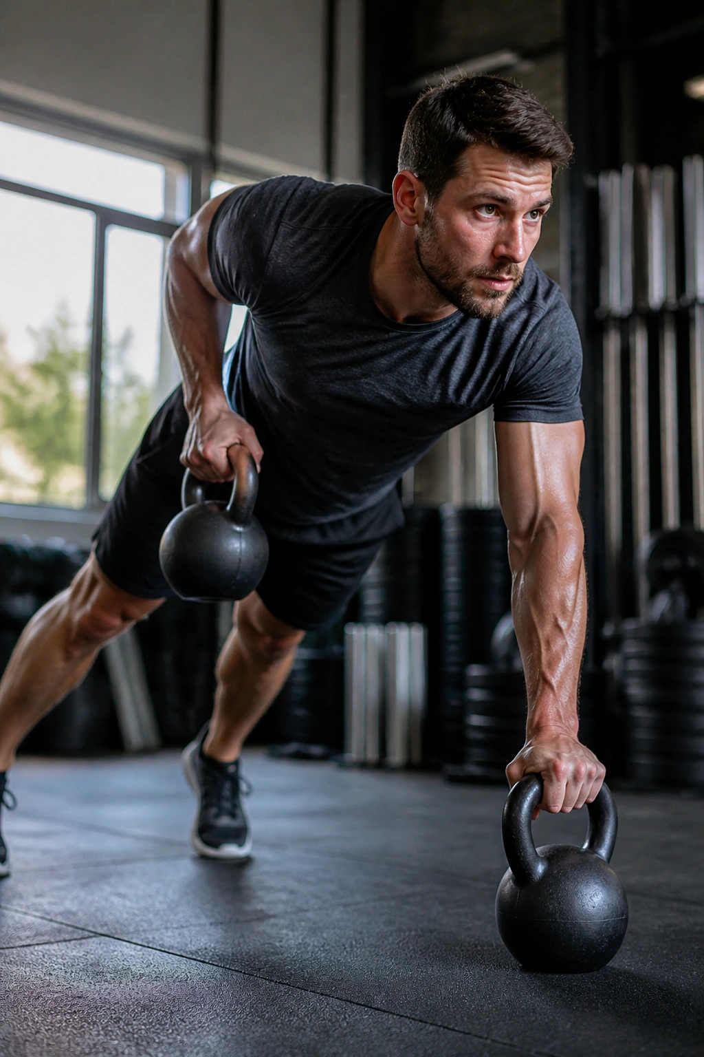 Close-up of a real person performing Renegade Row in a high plank with kettlebells, core braced.