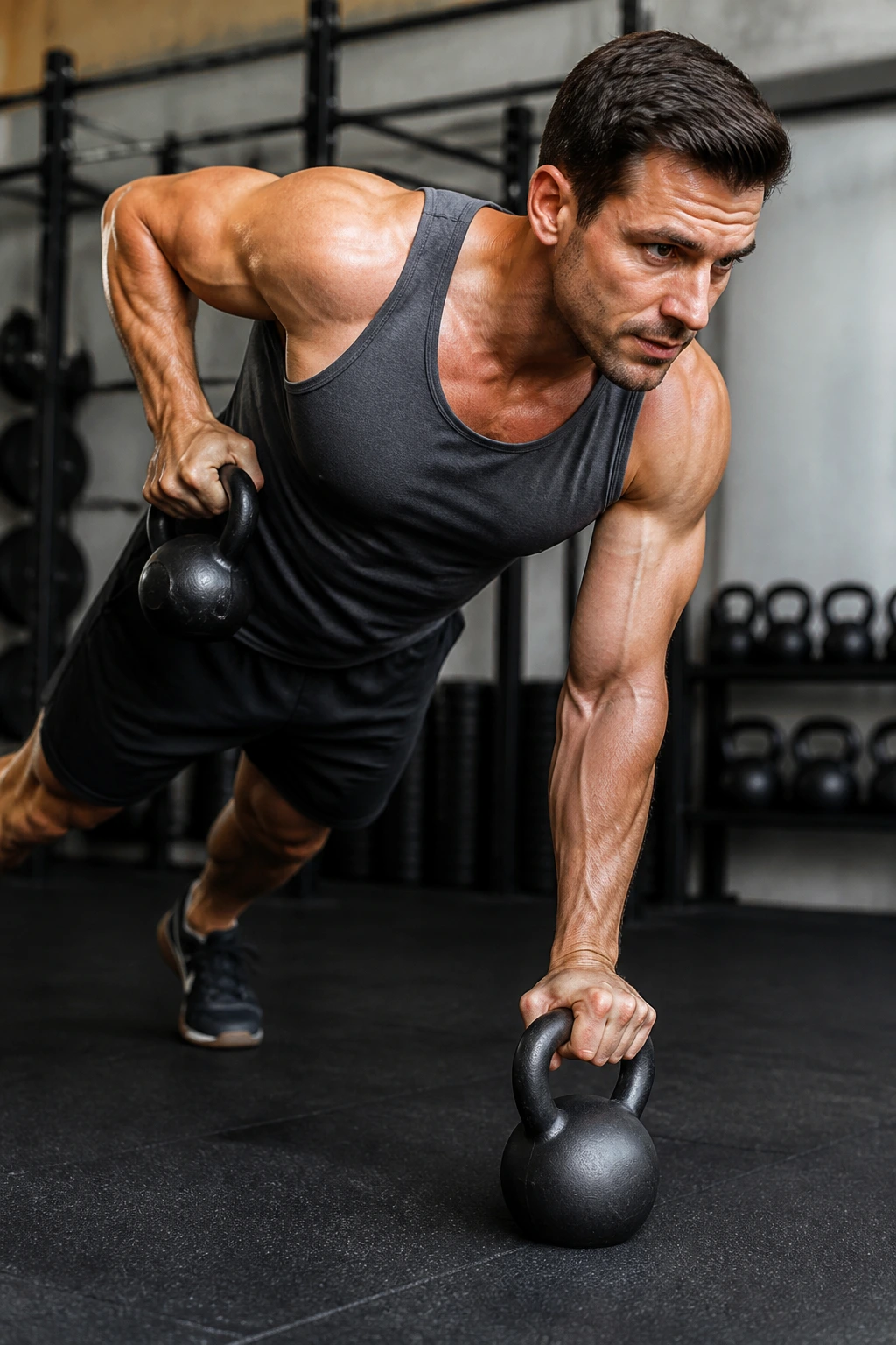 Real person in high plank performing renegade row with kettlebell in gym
