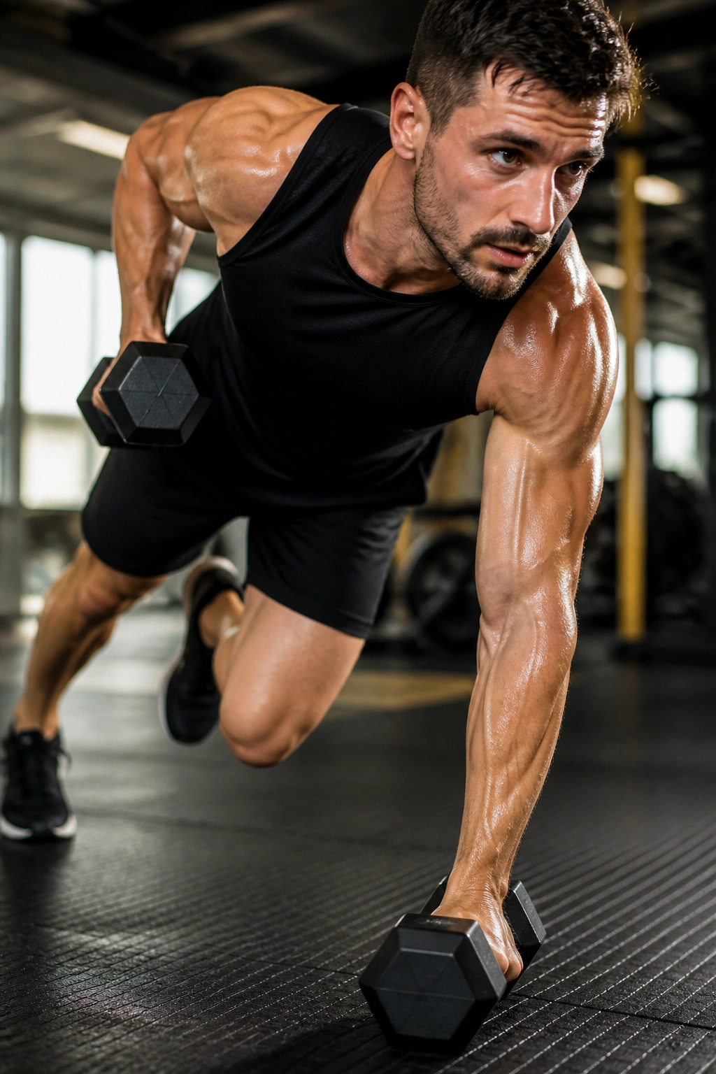 Lifter performing renegade rows with mountain climber motion on gym mat
