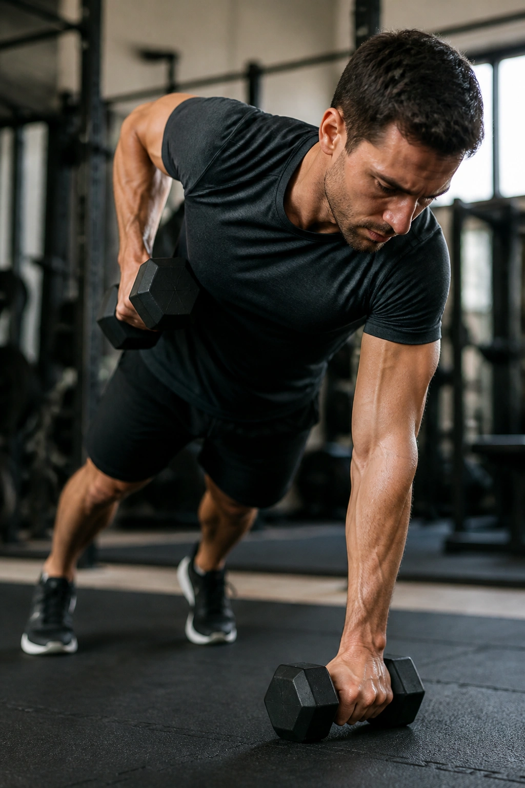 Close-up of a real person performing renegade row in a strong plank