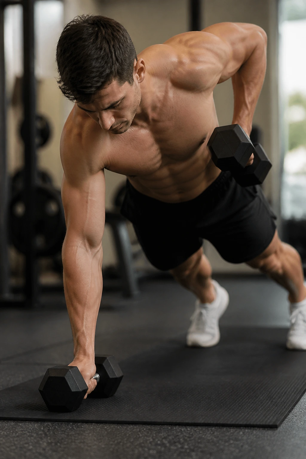 Person performing renegade row in a plank position with a dumbbell row