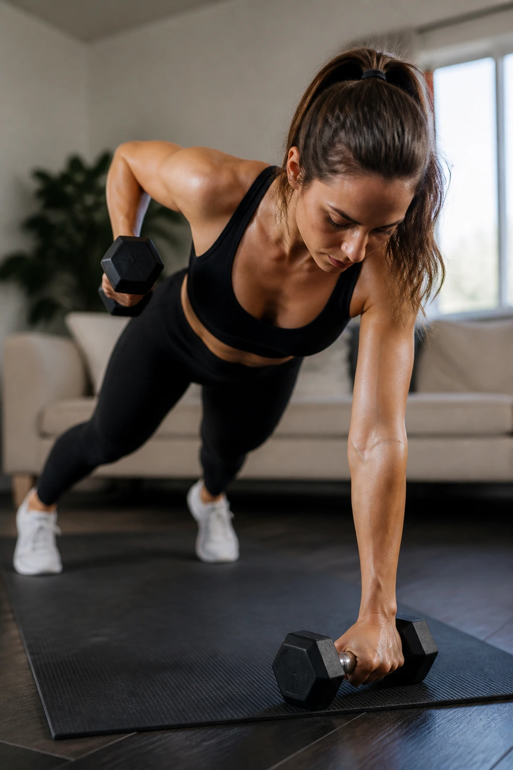 Renegade row performed by a real woman in a home gym