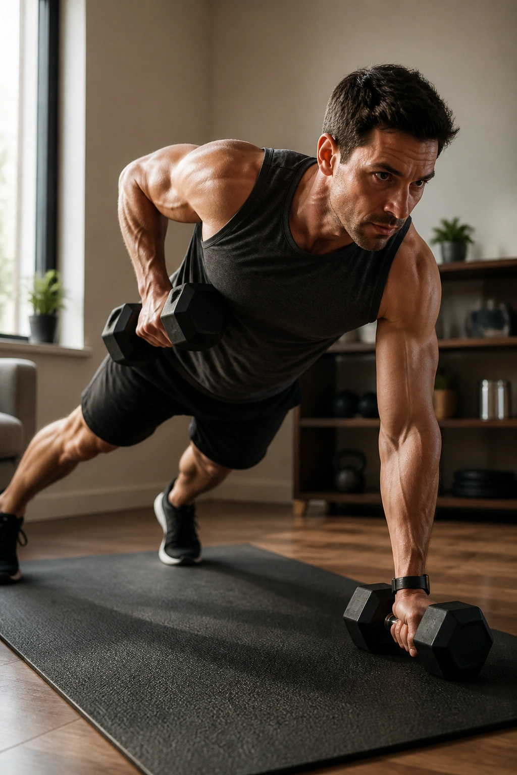 Medium-close shot of renegade row in a home gym showing a braced core