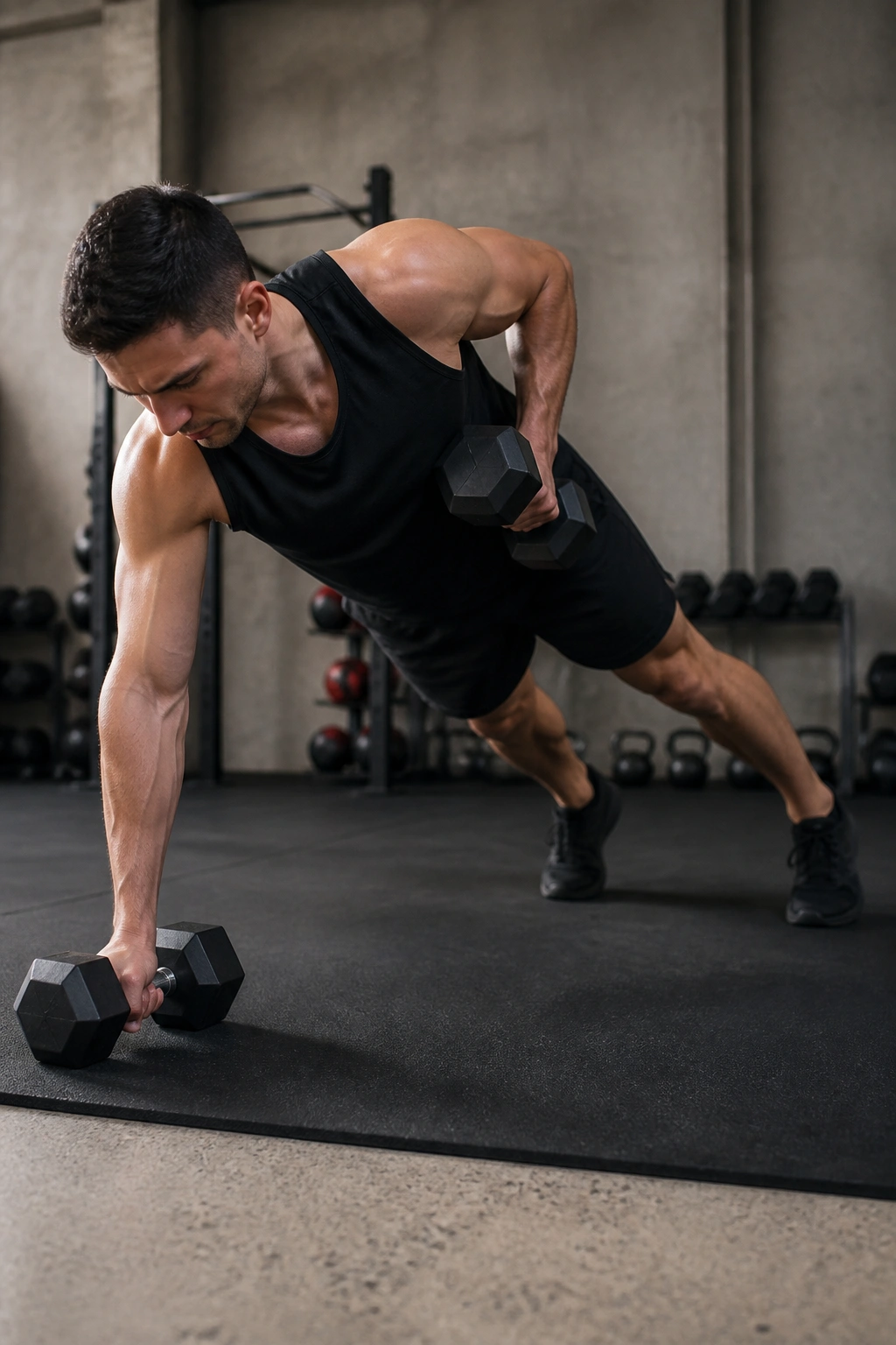 Athlete in renegade row push-up position performing a row