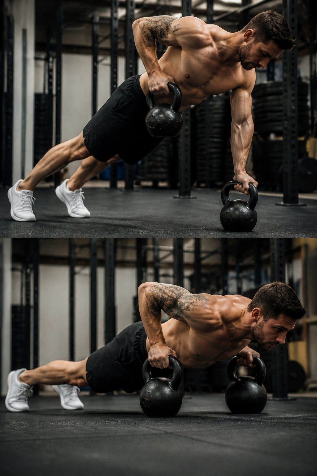 Real person in high plank performing renegade rows and push-ups with kettlebells