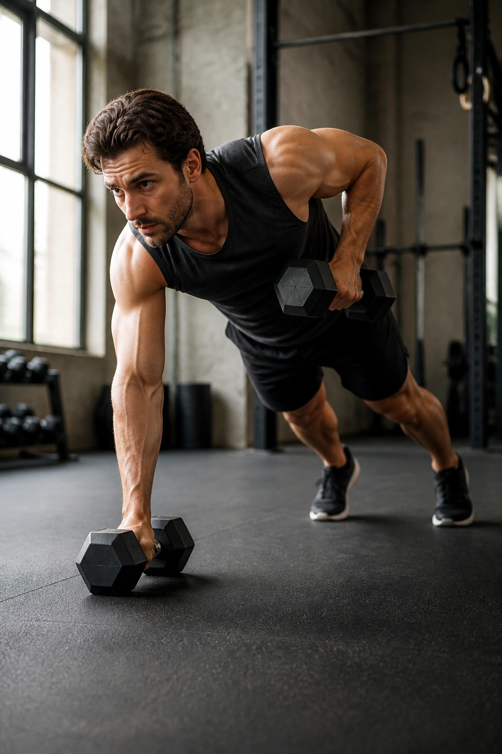 Athlete performing renegade rows during a push-up and row superset