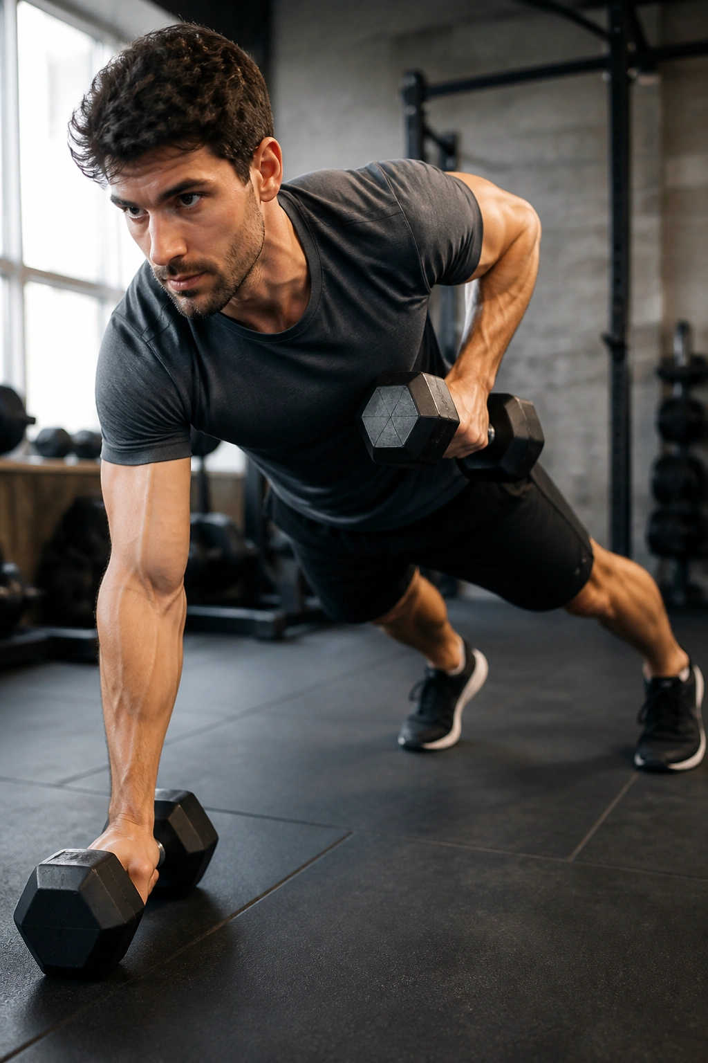 Close-up of a fit person performing Renegade Row with Shoulder Tap Finish in a gym