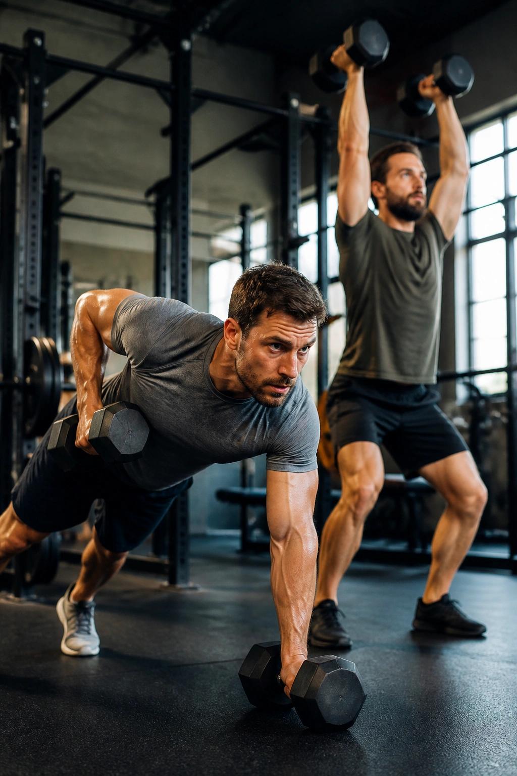 Close-up of a real athlete performing renegade rows and thruster movement in a gym