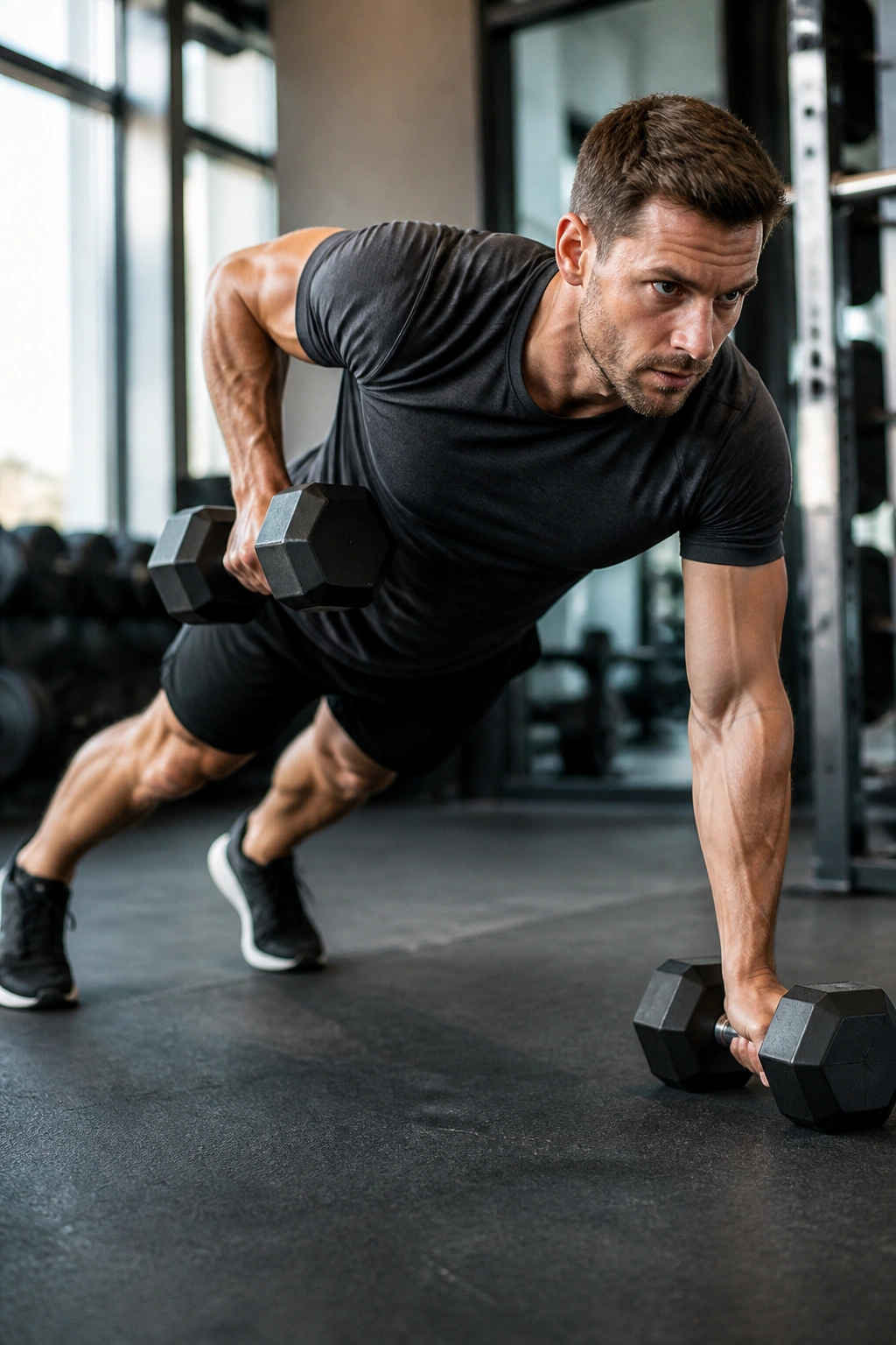 Medium close-up of a person performing Renegade Rows in high plank with dumbbells