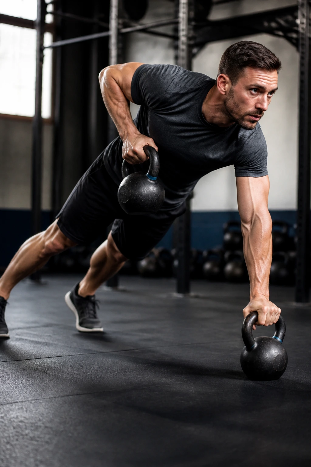 High-plank renegade rows showing anti-rotation and stable hips