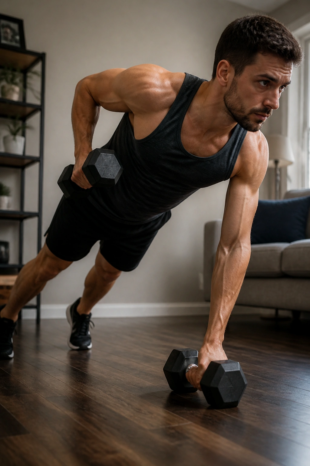 Person in high plank performing renegade rows with dumbbells in a home gym.
