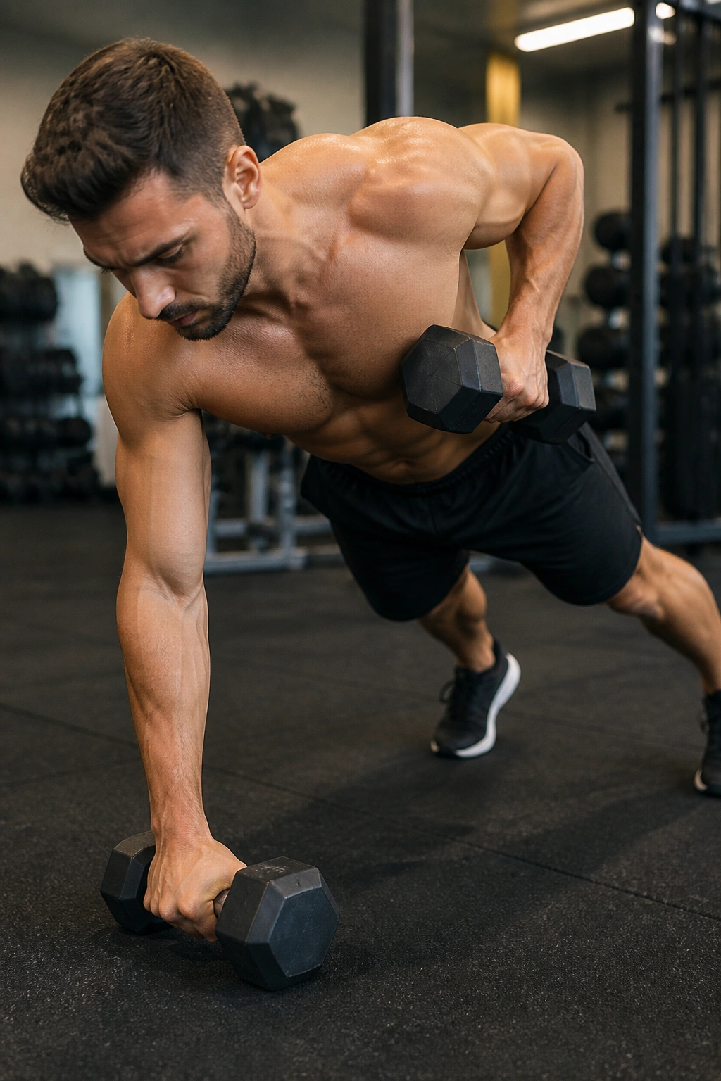 Person doing renegade rows with dumbbells on gym floor