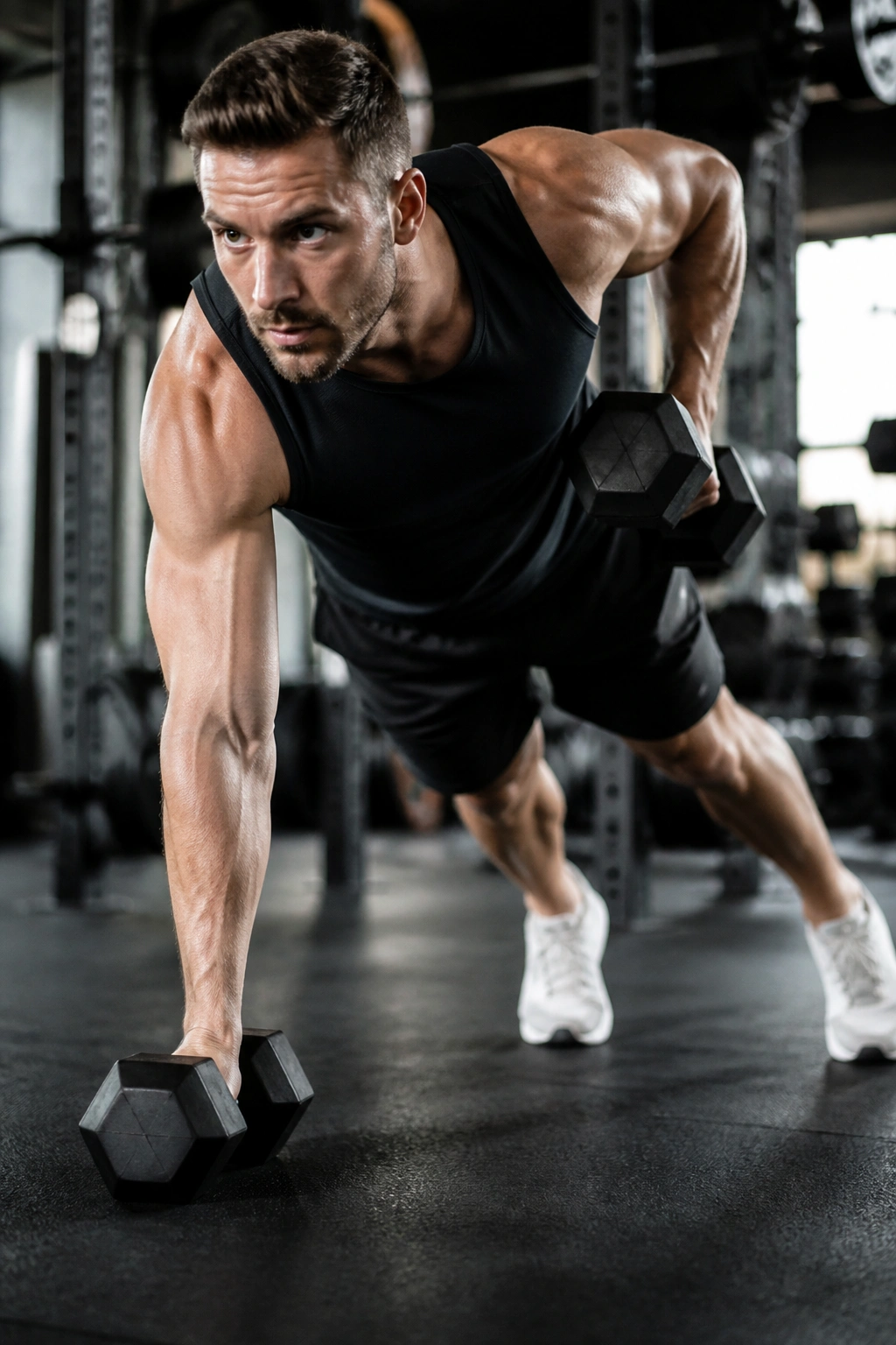 Athlete performing renegade rows in gym, in push-up position with dumbbells