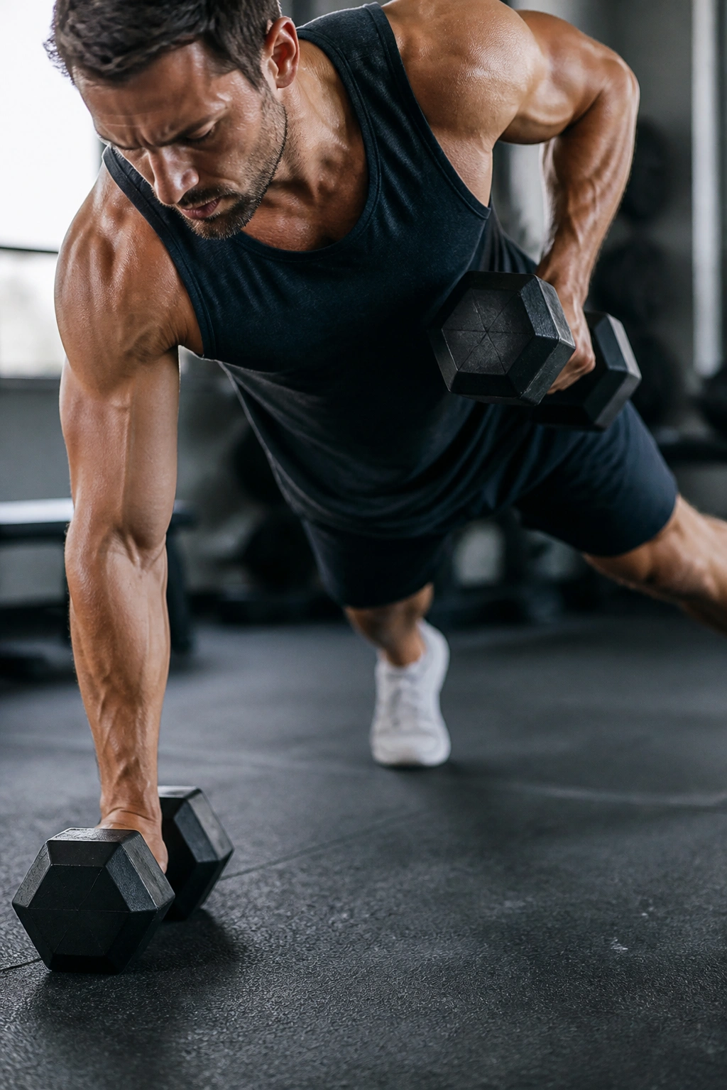 Renegade row with dumbbells on the floor by a lifter