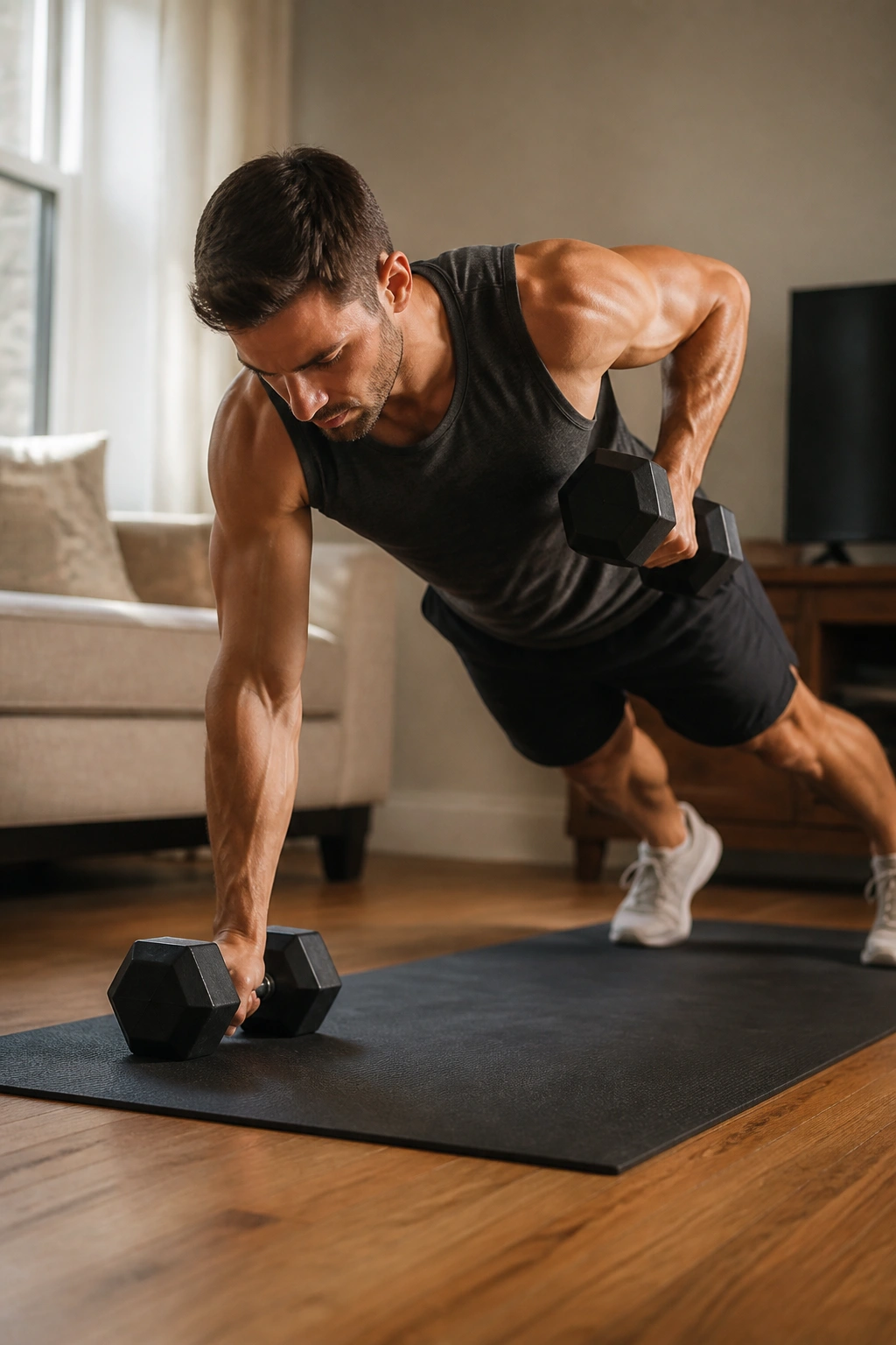 Renegade rows in tight space, high-plank with dumbbells